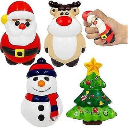 Jule Squishies 4 stk/sett Jule Stressballer med Julenissen Snømann Elg Juletre Søt Jule Stress Relief Leke Myk Stressball Bulk Stress Ba