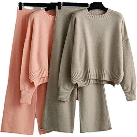 Efterår Vinter Kvinder 2 Stykke Brede Ben Bukser Sæt O Hals Sweatre Cashmere Strikkede Træningssæt To Stykke Sæt