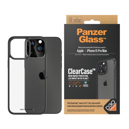 Panzer Transparent w. Black Frame & D3O iPhone 15 Pro Max ClearCase PanzerGlass - High quality tempered glass screen protector Cover