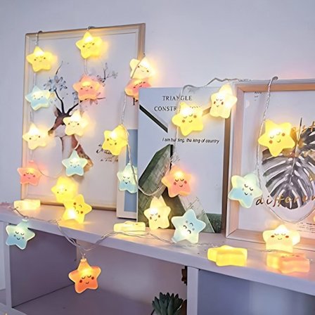 Smiley Stjerne Lys - 20 Lysende Stjerner på 3 Meter Batteriledning, Blinkende & Konstant Lys Tilstande til Pigeværelsesindretning, Soveværelse, 