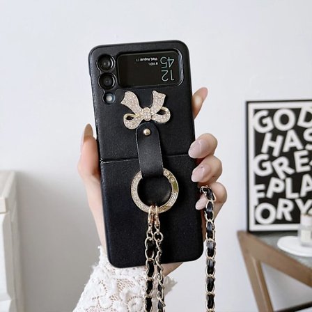 Pu Nahkainen Kotelo Yhteensopiva Samsung Galaxy Z Flip 3/4:n Kanssa, Ristiriipus Suojakuori Renkaalla Galaxy Z Flip 3 Mustalle