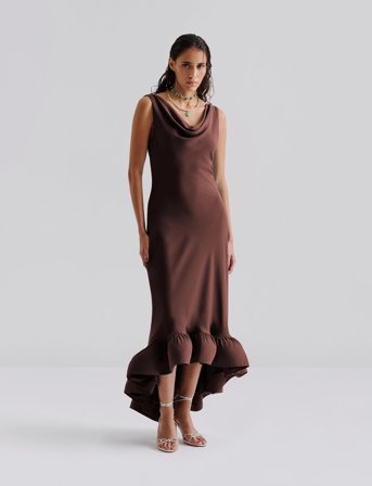 Malina Alia Cowl Neck Ruffled Maxi Dress - Brown - 40