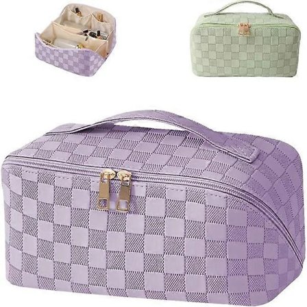 Vandtæt makeup taske i PU-læder med håndtag og ruminddeling, trendy makeup taske, bærbar rejseopbevaring, stor makeup taske (Lilla)