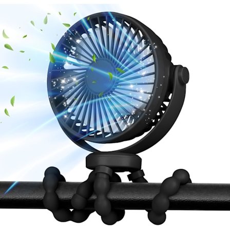 Barnvagnsfläkt 5200mAh 40H, Portabel Fläkt 360° Roterbar och 3 Hastigheter med USB Uppladdningsbar Fläkt för Barnvagn, Spjälsäng, Säte, Skrivbord, 