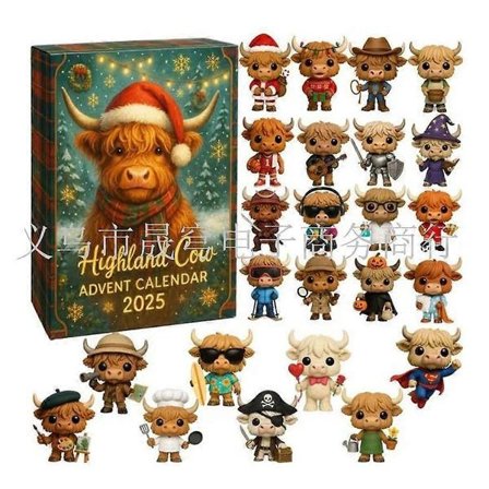 Highland Ko Adventskalender 2025, Highland Ko Figur Adventskalender 2025 med 24 stk. Highland Ko Julepynt, 24 Dages Nedtællingskalender