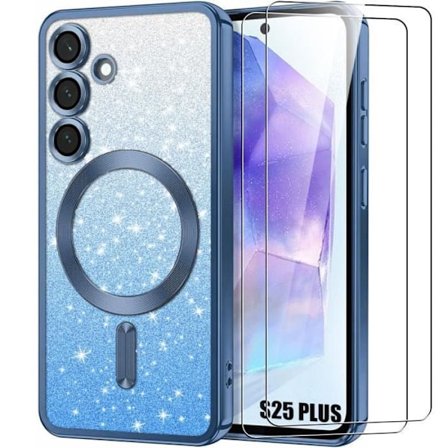 Coque + 2 Glastänger för Samsung Galaxy S25 Plus (S25+) med Magnetring - Glitter Skydd - Blå