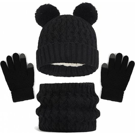 Svart - Skjerf, hansker og hatt tredelt sett (alder 2-8)