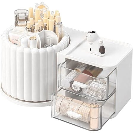 Hvit Skrivebordspennholder med Skuff Roterende Skrivebord Blyantholder Skrivebordsorganisator Penneholder Skrivebordsoppbevaring Organisering for 