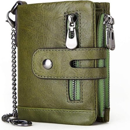 Herre Lommebok med Kjede Blokkerende Menns Ekte Skinn Lommebok Tofoldig Lommebok med Kredittkortholder og Glidelås Myntlomme Lommebok