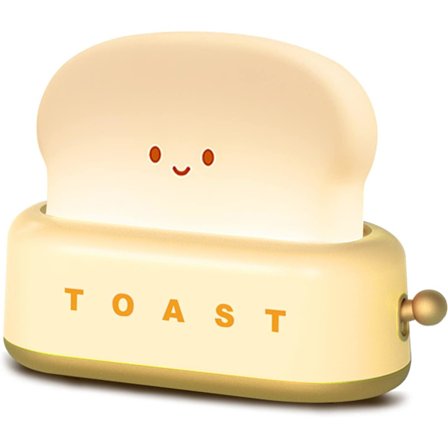 Toaster-lampe, genopladelig med smilende toastbrød, sød brødristerform, rumindretning, lille nattelys til soveværelse, seng, stue - gul