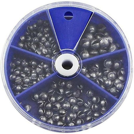 Fiskeset med öppna betesblysänken, split-shot-vikter, fiskekrokar, runda lod, extra fiskeutrustning