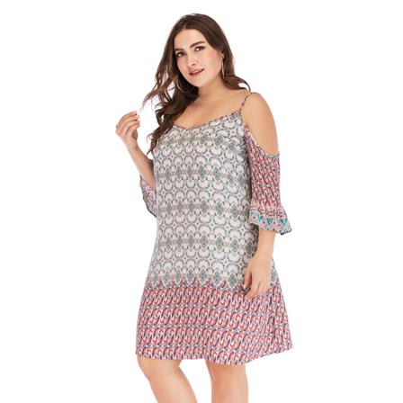 Dam Vintage Off Shoulder Midiklänning Fyrkantig Krage Geometrisk P