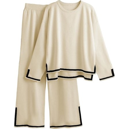 Dam 2-dels Set Långärmad Stickad Tröja Topp Vida Ben Byxor Lounge Set Träningsdräkter