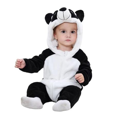 Baby pojke Flicka Barn Tecknad Djur Huva Romper Fleece Jumpsuit Body Vinter Varma kläder i ett stycke Black and White 18-24 Months