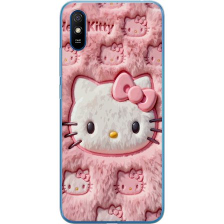 Kompatibel Mobilcover til Xiaomi Redmi 9A Hello Kitty lyserød fluffy baggrund med ikonisk ansigt og kawaii-æstetik