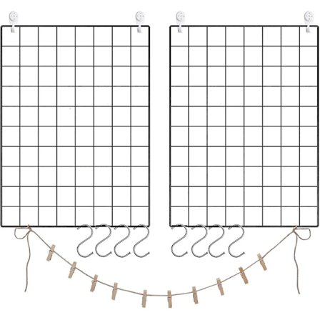 Piao Fotovegg Laget Av Trådnett, Veggdekor, Vegggitter, DIY, Multifunksjonelt Trådnatt, Med S-kroker, Klips Og Hamptau, Sett Av 2, Svart