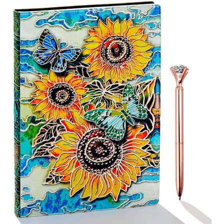 Solrosdagbok, läderskrivande dagbok, A5-linjerad dagbok, 200 sidor, resedagbok och anteckningsböcker att skriva i, present till kvinnor och flickor