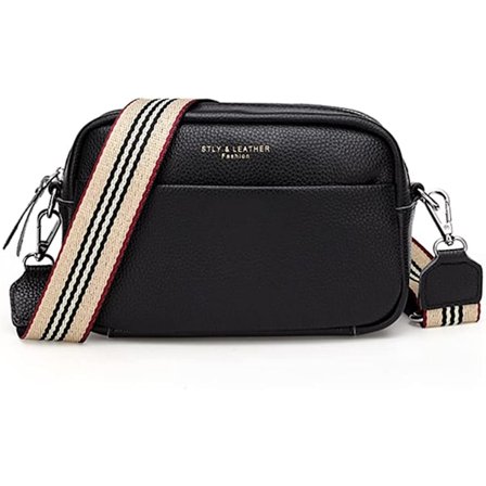 Crossbody-veske for dame, liten ekte skinn i svart