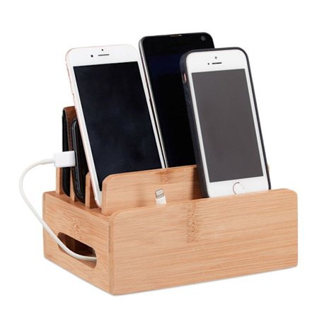Relaxdays Bamboo Laddningsstation, Telefonhållare 6 enheter, Träkabelförvaringsbox, 9x17x13cm, Nature