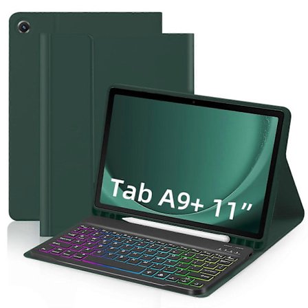 Kompatibel med Samsung Galaxy Tab A9+ Lærveske med Avtakbart RGB Bakgrunnsbelyst Tastatur