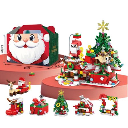 6 stk., Jule 6-i-1 Santa Snøhus Byggeklosssett, Julefotoramme/Juletre/Santa/Elg/Hus/Sokker/Gave