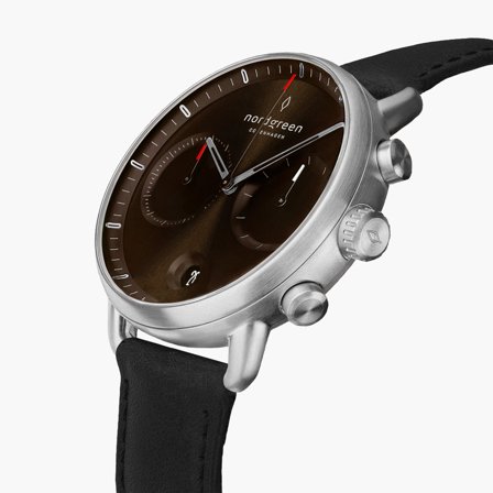 Nordgreen - Klassische Skandinavische Designer Herrenuhr - Silber - Braunes Ziffernblatt - 42mm Leder Armband Schwarz