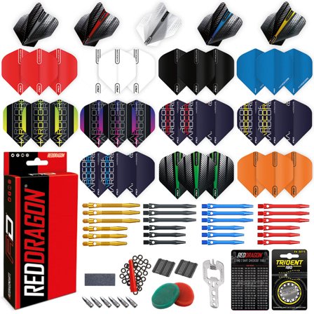 Red Dragon Darts Pro Accessory Pack: Aluminium Shafts, Flights, Point Protectors, Sharpeners, Tools, Check-out Card, Flight Savers