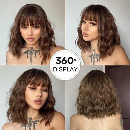 TG 14" BIR brun krøllet paryk til kvinder Bølgete syntetisk paryk med pandehår E