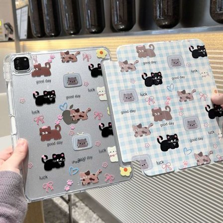 Fodral för iPad 2025 11/ 10 10.9" Blått Rutnät Katt S Dubbelsidigt Magnetiskt