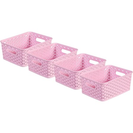 Rattan Effekt Sett med 4 Kjøkken, Stue, Bad, Soverom, Vaskerom Små Rektangulære Oppbevaringskurver 4 Liter - Rosa