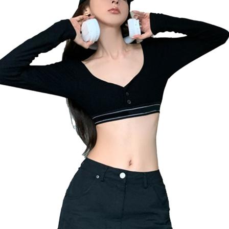 Kvinnors sommar korta topp långärmad V-ringning Slim Fit enkelknäppt hög midja topp för kvinnor svart L