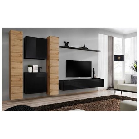 Seinakokonaisuus - Switch VI - 2 pystysuoraa vitriiniä - 1 neliö vitriini - 1 TV-penkki - 1 hylly - Puu ja musta - Malli 1