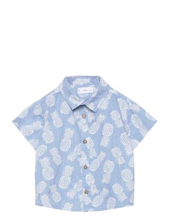 Printed Cotton Shirt Shirts Short-sleeved Shirts Blå Mango*Betinget Tilbud