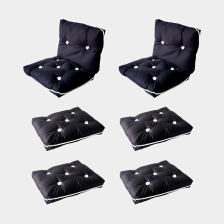 Båtdynor med kapok Moory, 45 x 38 x 8 cm / 45 x 76 x 8 cm, svart, singel, paket med 4 singel + 2 dubbel