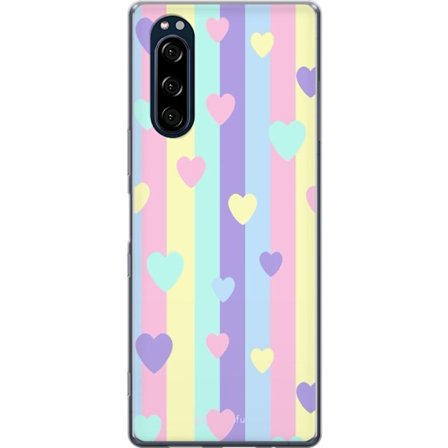 Kompatibelt Mobildeksel til Sony Xperia 5 Pastellstriper i rosa, gul, lilla og blå med spredte hjerter i myk kawaii-stil.