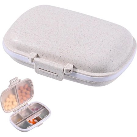 Pillerask med 8 fack för resor, liten beige ask för plånboken, kompakt behållare för mediciner och vitaminer.,A