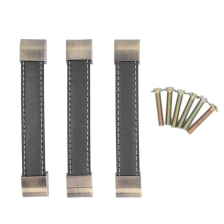 3 stk. Antikke sorte læderhåndtag til garderobeskabsdør, skuffetræk, bagage og vinæske