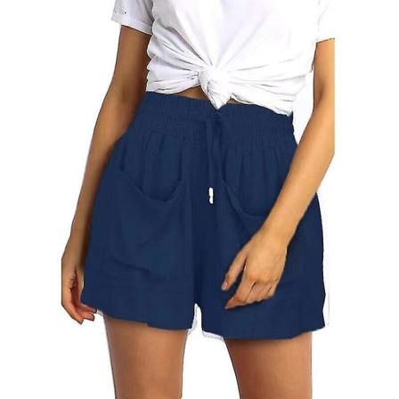 Løse shorts for kvinner med snøring i ensfarget sommerferie-strandshorts - a-9 mørk blå M