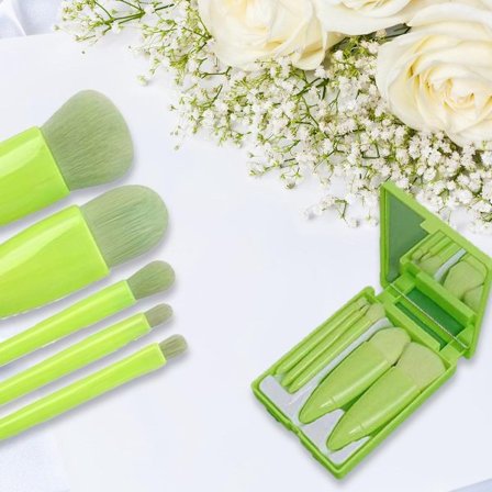 Profesjonelt sminkebørstesett - 5-pakning - Bærbar med speilveske - Foundationbørste, øyenskyggebørste og blendingbørste for kvinner - Grønn