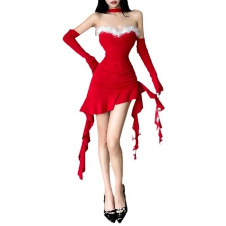 2024 Vinter Ny Dame Julekjole - En skulder, Halterneck, Ærmebetræk, Slank talje - en smuk stilfuld modeerklæring!