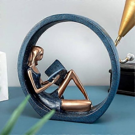 Harpiksfigur av jente som leser bok, sirkeldesign, lesende jente figur