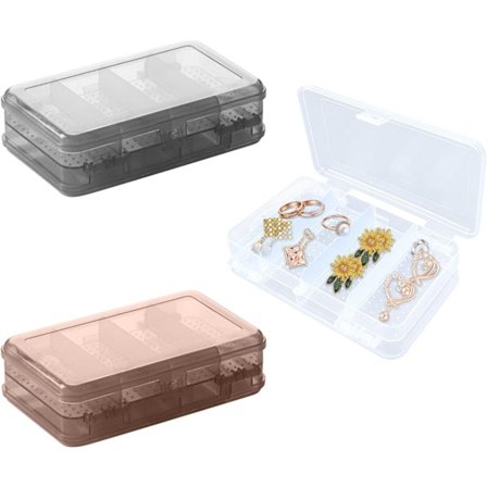 3 st dubbelskikts plast liten genomskinlig förvaringslåda, fack bärbar T smyckeskrin örhänge, halsband, hårklämma arrangör, förvarings smyckeskrin