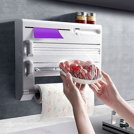 Rullateline - Kuusi yhdessä monitoiminen keittiön säilytysteline - Kelmun ja alumiinifolion säilytys ja leikkaus