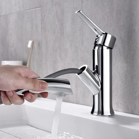 Vandhane til badeværelse med udtræksspray, håndvaskhane med enkelt greb, hane til bordpladevask/håndvask