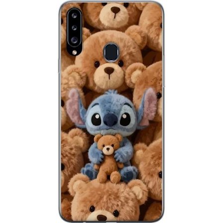 Kompatibel Mobilcover til Samsung Galaxy A20s Stitch omgivet af brune teddybjørne med en lille teddybjørn i armene i en sød og hyggelig kawaii-design