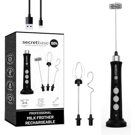 2025 Senaste Modell Secretbase 3 Hastigheter Uppladdningsbar Mjölkskummare Handhållen, USB-Laddningsdocka - Visp i Rostfritt Stål för Bulletproof 