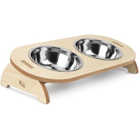 Upphöjda matskålar för katter, 15° vinklade hundskålar med ställ, 2 rostfria vatten- och matskålar med träställ (BR)
