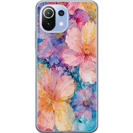Kompatibelt Mobilskal till Xiaomi Xiaomi Mi 11 Lite Akvarellmålning med stora blommor i rosa, blå och gula toner i en mjuk konstnärlig stil.