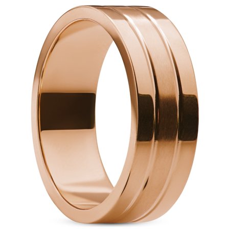 Ferrum | 8 mm flacher roségoldfarbener Ring aus poliertem und gebürstetem Edelstahl mit zwei Rillen für Männer - Edelstahlringe