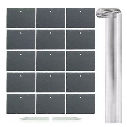 Vejrbestandige havemarkører, naturlige skiferplanteetiketter, rustfri stålstænger og markeringspen, holdbart materiale til udendørs brug (15 stk.)